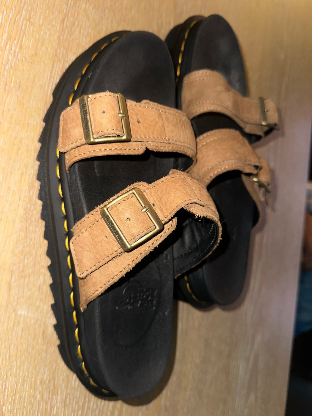 Dr. Martens Tan Suede Double-Buckle Slide Sandals